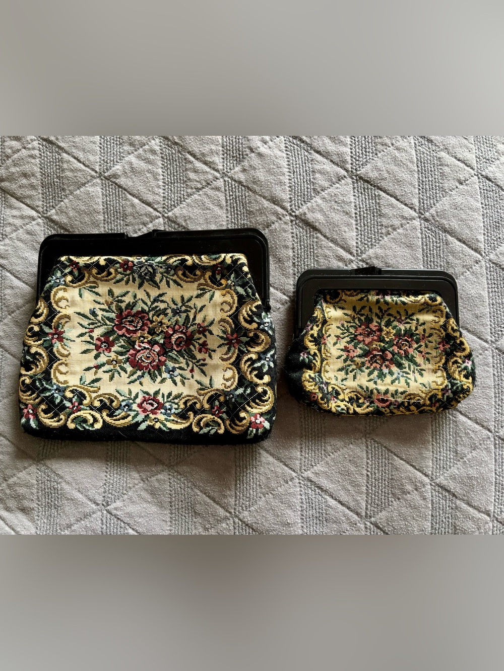 Vintage Mid Century Floral Tapestry Clutch & Coin Purse Set 1950s 1960s